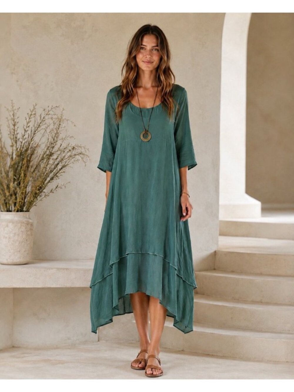 Click Color Me Cotton Cupro Rayon Dress L Green 3/4 Sleeve Tiered Lagenlook